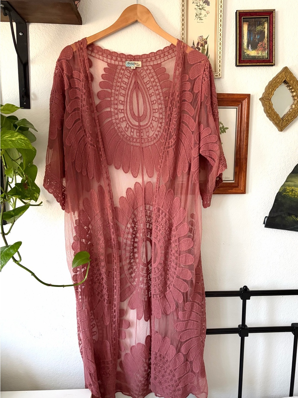 Whimsigoth Boho Crochet Floral Sheer Duster Cardigan Kimono - Dusty Rose Medium